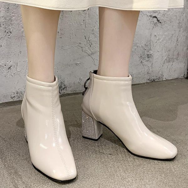 

boots fashion square toe crystal high heels ankle for women black beige patent leather botines mujer autumn woman1