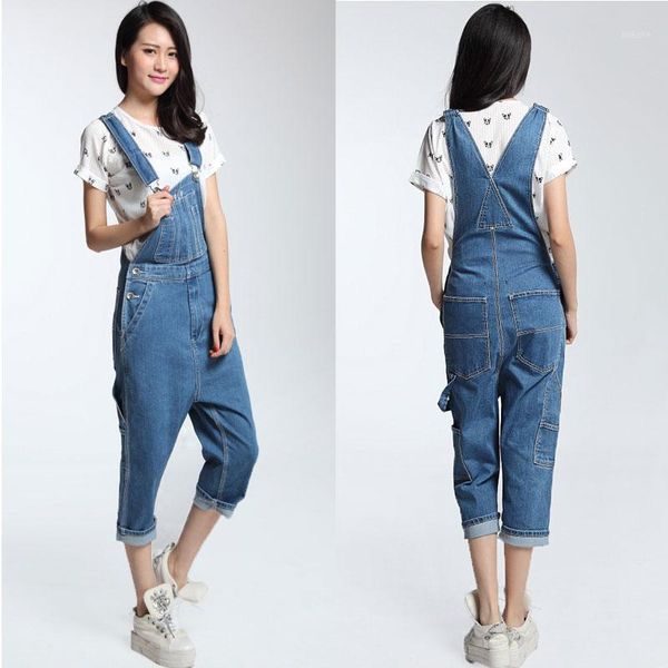 

tide casual men and women denim pants capris overalls strap couple oversized loose jeans summer trousers big size 29-471, Blue