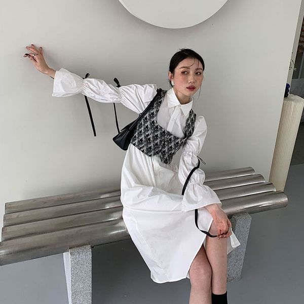 

casual dresses 2 piece white long shirt flare sleeve tie collar button up with vests spring 2021 korean fashion clothing ner7, Black;gray