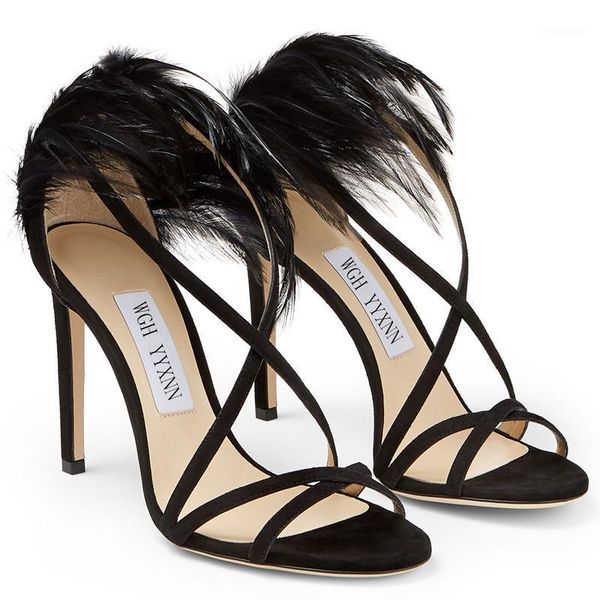 

sandals 2021 summer stiletto high heel banquet dress shoes feminine all-match black feather word with large size women1