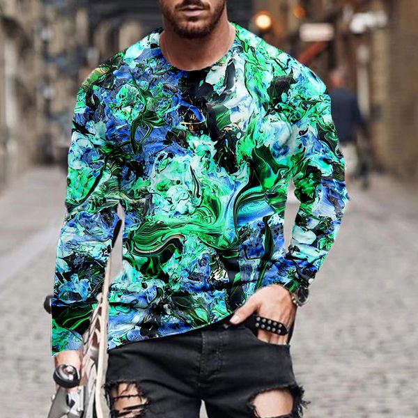 

2021 casual spring and autumn style long-sleeved t-shirt 3d color glare code printing casual tide brand round neck long sleeve, White;black