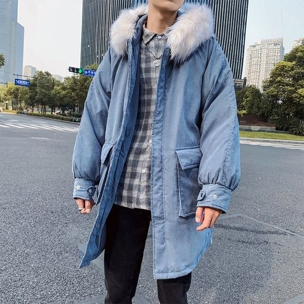 

2021 new long men's parka warm fashion casual fur collar hooded coat menwear streetwear loose cotton thick winter jacket men clothes mw, Black