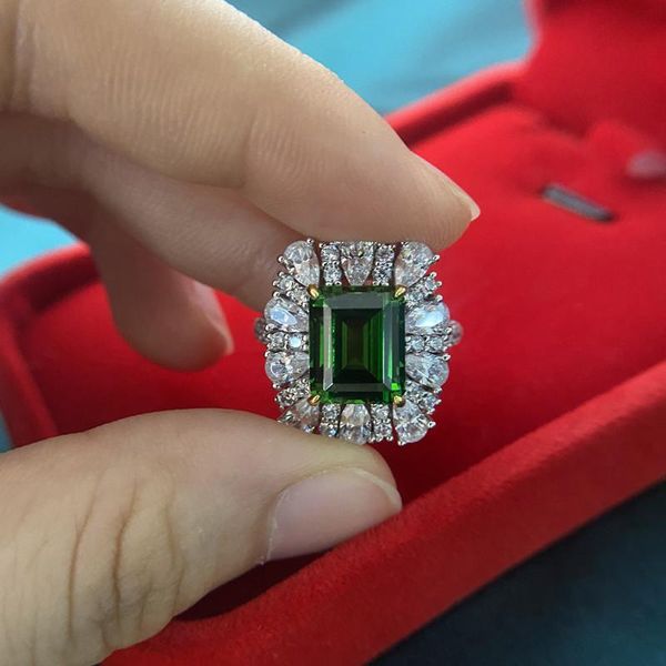 

cluster rings oevas vintage 9x11mm emerald diamond ring genuine 925 sterling silver fine jewelry gemstone for women wholesale gifts, Golden;silver