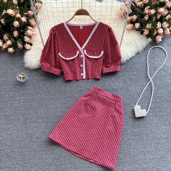 

two piece dress xiaoxiang celebrity temperament suit women's summer age-reducing puff sleeve short wild plaid skirt two-piece, White