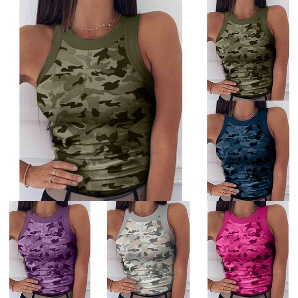 

women's tanks & camis 2021 summer women print fashion casual army camo camouflage tank sleeveless o-neck slim vest t-shirts plus size, White