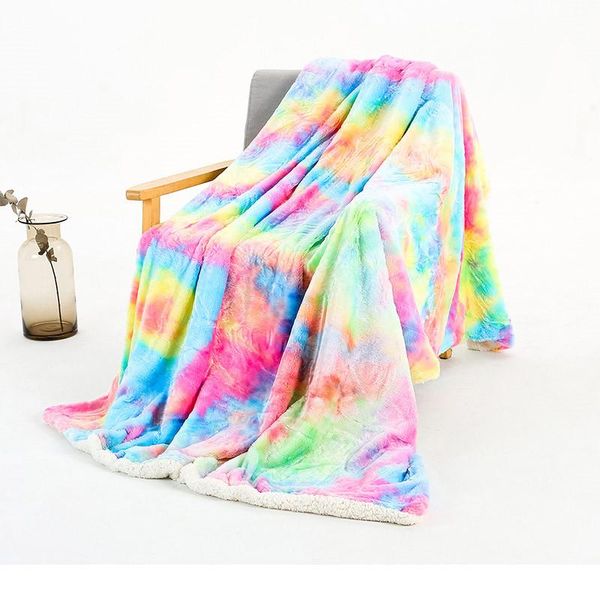 

colorful tie-dye rainbow lamb blanket soft warm winter flannel thicken blanket on the bed sofa throw