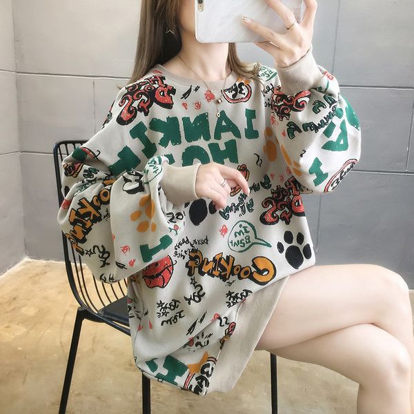 

women's sweater autumn women's 2021 korean loose letter thin tie dyed round neck long sleeve coat women, Black