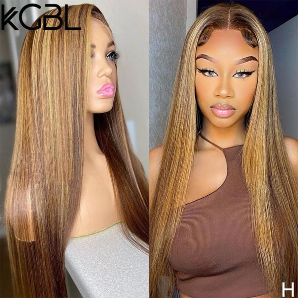 

lace wigs kgbl highlight 13x4 front human hair stright 130% density 8-24'' pre-plucked non-remy for women brazilian medium, Black;brown