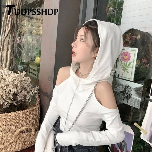 

spring pullover expose shoulder women sweatshirt hoodies long sleeve black white grey color 201127