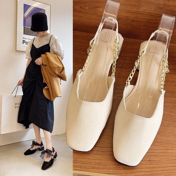

sandals women square heels 2021 summer elegant slip on leather shoes female mules slippers closed toe women's fashion, Black