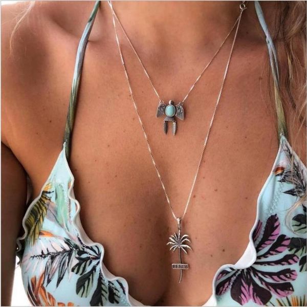 

pendant necklaces beach style two layer necklace alloy accessory coconut tree bird blue stone silver plated women gift.