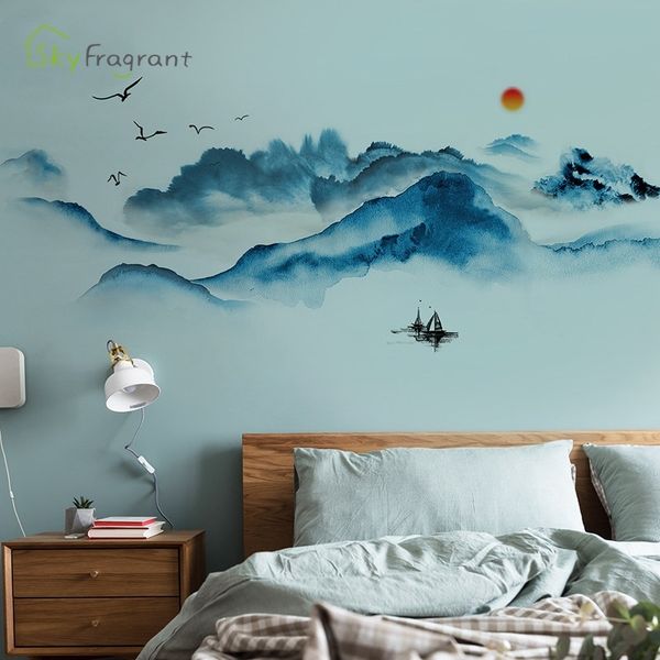 Paesaggio pittura a inchiostro adesivo camera da letto comodino adesivi autoadesivi soggiorno decorazione parete decorazioni per la casa 210310