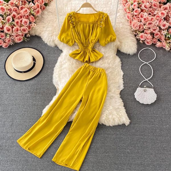 

women's two piece pants women 2 sets summer korean fashion set short sleeve +casual wide leg two-piece suits, White
