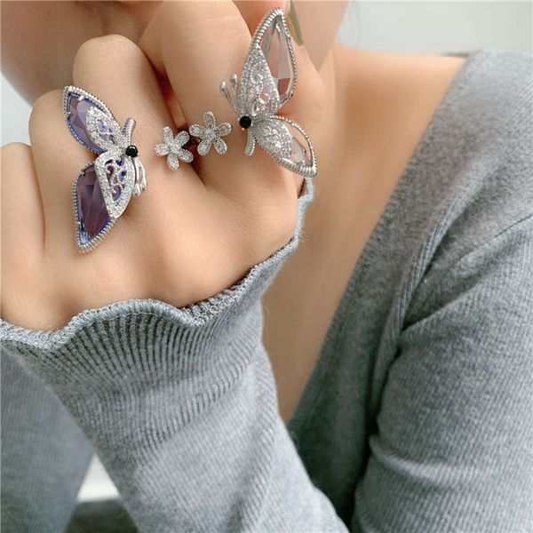 

hbp fashion french light luxury niche design flash diamond butterfly temperament water drop zircon open ring, Silver