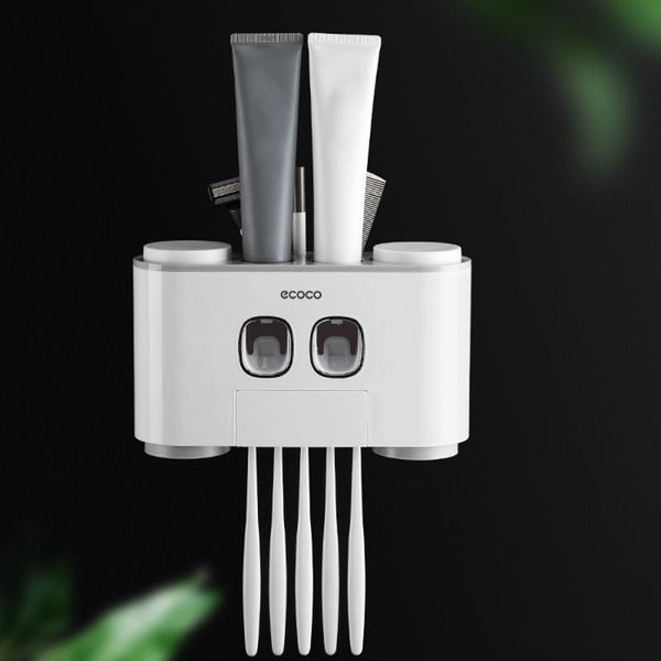 

bathroom storage & organization automatic toothpaste dispenser wall-mounted toothbrush holder with 2 dispensers 4 cups and 5 slots