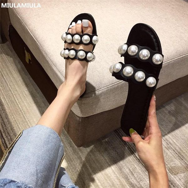 

slippers miulamiula brand designers 2021 summer luxury big pearl flat leather shoes slip on loafers mules flip flops 35-41, Black