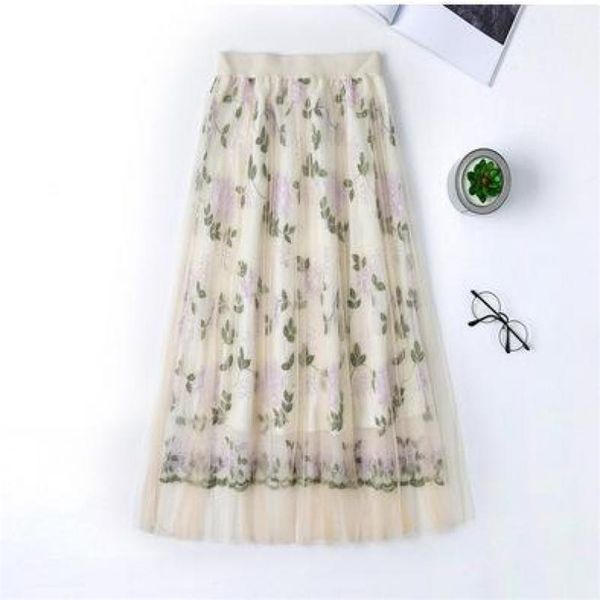 

summer elastic high waist slimming embroidery fairy skirt all-match casual simple women a-line long 210527, Black