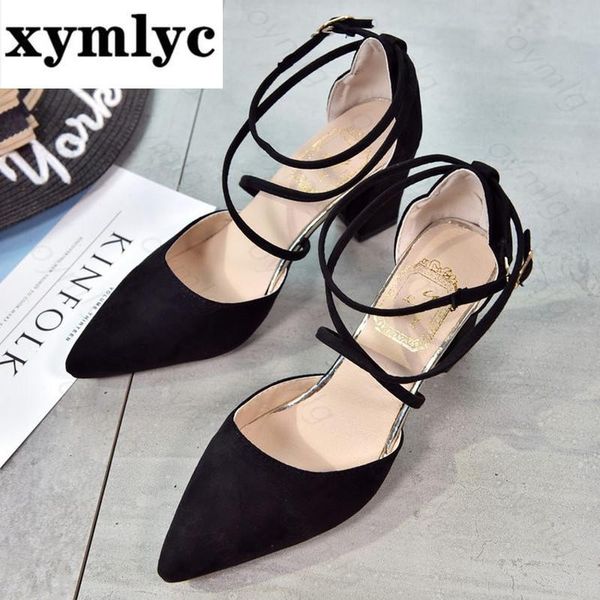 

sandals 2021 scrub high heel shoes female summer pointed thick with cross wild hollow, Black