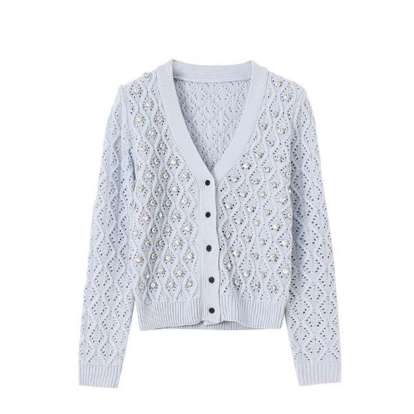 

spring autumn beading knit cardigan women v-neck single breasted casual sweater outerwear t2269, White