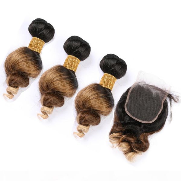 

#1b 4 27 honey blonde ombre malaysian human hair wefts with closure loose wave hair weaves 3tone human hair 3bundles with lace closure, Black