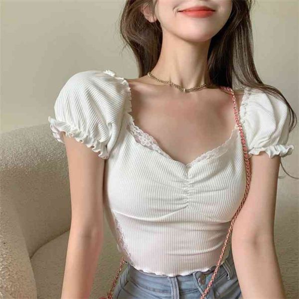 T-shirt da donna in pizzo manica a palloncino sexy taglio corto bianco top a maniche corte estivo 210529