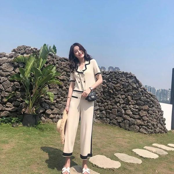 

women's two piece pants fashion striped knitted suit women elegant single breasted long sleeve and knit wide leg pant 2021 korean, White