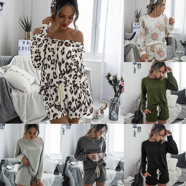 

women leopard print sleepwear set pajamas blouse drawstring pockets shorts plus size short pant homewear sleepwear nightwear, Black;red