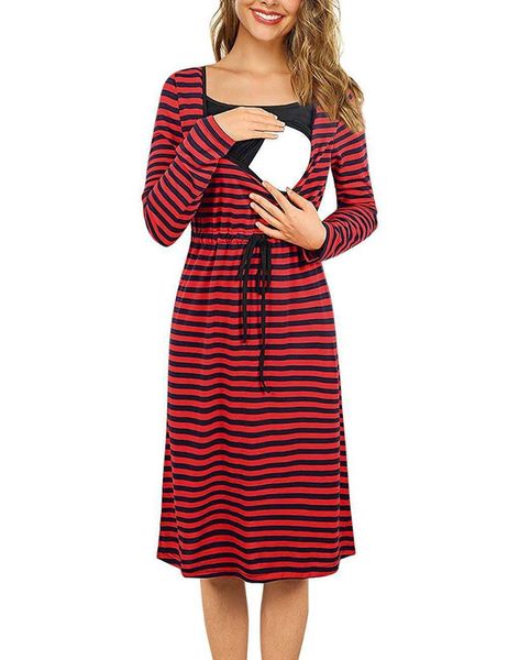 

maternity dresses autumn and winter explosion models clothing in the long section of striped breastfeeding home dress, White