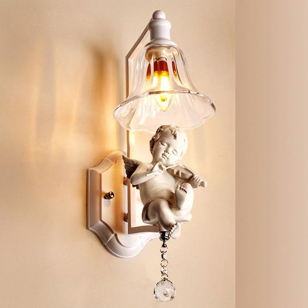 

wall lamp creative pastoral white angel crystal e14 110/220v wrought iron sconce for foyer abajur bedside lamparas bar corridor