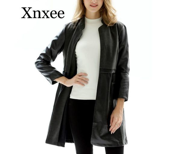 

women's leather & faux patchwork black pu long coat trench winter woman clothes big size 5xl women jacket