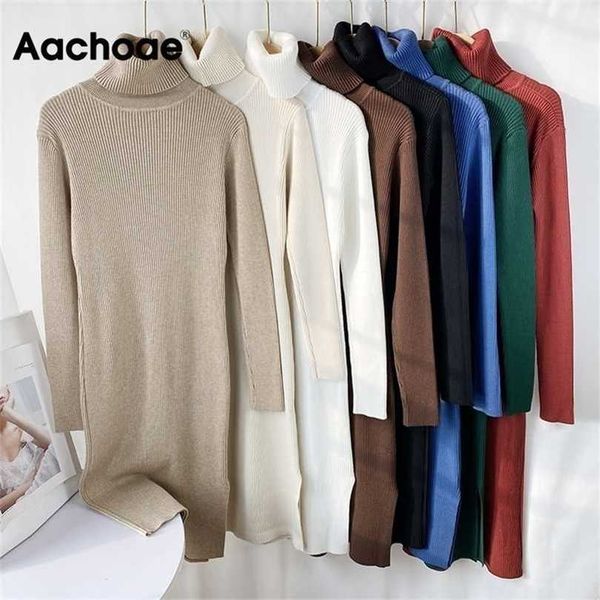 

aachoae solid knitted long dres autumn winter turtleneck sleeve sweater lady split loose casual vestidos 211109, Black;gray