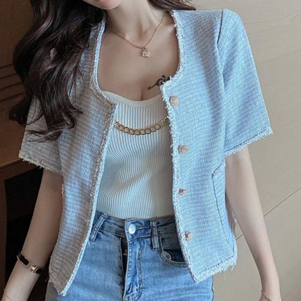 

women's vests french short sleeve plaid tweed coat summer clothes ladies vintage cardigan fashion jacket female elegant 2021, Black;white
