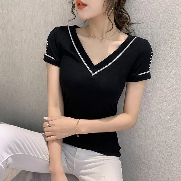 

summer fashion korean clothes t-shirt v-neck diamonds women ropa mujer cotton shirt hollow out tees new t04911 210315, White