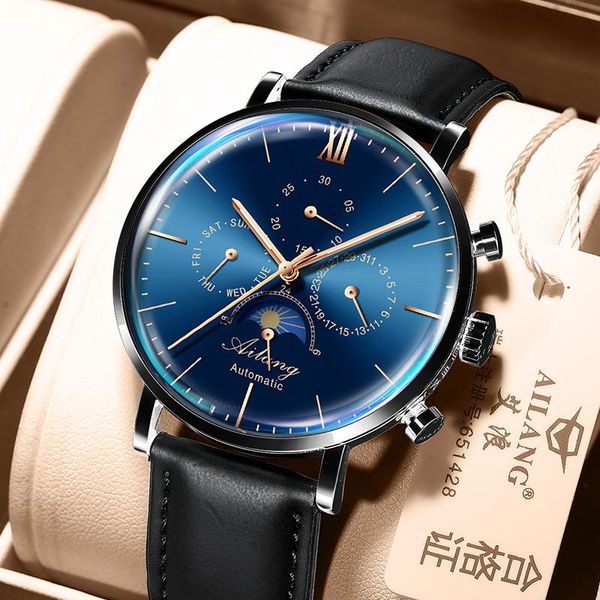 

wristwatches aailang men's watch multifunction small three hand moon phase display leather strap luminous waterproof men watches 8609, Slivery;brown