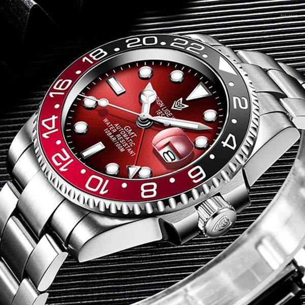 

men gmt automatic mechanical watch ceramic bezel 316l stainless steel 100atm waterproof clock sapphire glass watches wristwatches, Slivery;brown