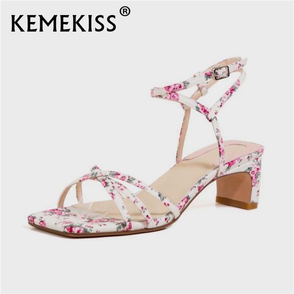 

sandals kemekiss 2021 women real leather shoes buckle strap flower pattern thick high heels party ladies footwear size 34-39, Black