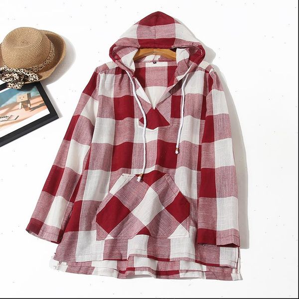 

womens loose plaid long sleeve hoodie pullover plus size thin fashion lattice hooded sweatshirt causal spring and autumn, Black