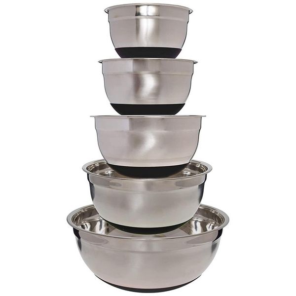 

stainless steel mixing bowl (set of 5)-black non-slip base-easy to clean (18cm,20cm, 22cm, 24cm, 26cm)