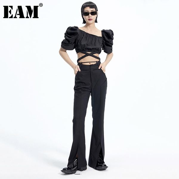 

women's pants & capris [eam] high waist black bandage hem slit long flare trousers loose fit women fashion tide spring summer 2021 1de0, Black;white