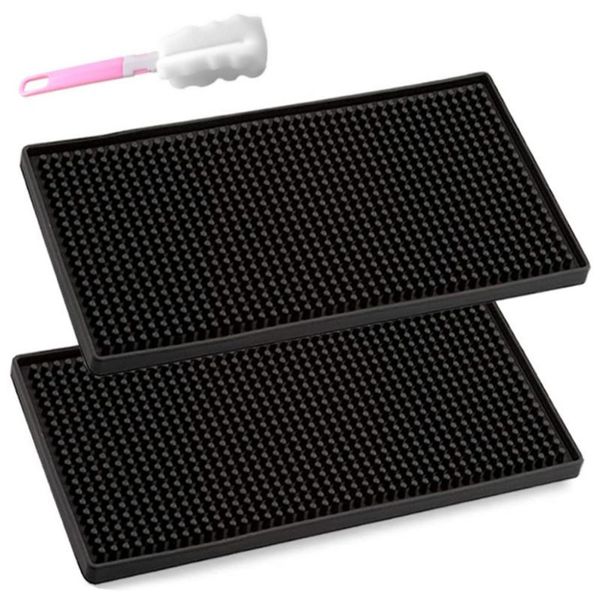

mats & pads 2 pack bar mat, non slip rubber service spill mat for coffee bars kitchen restaurants ,with cleaning brushes