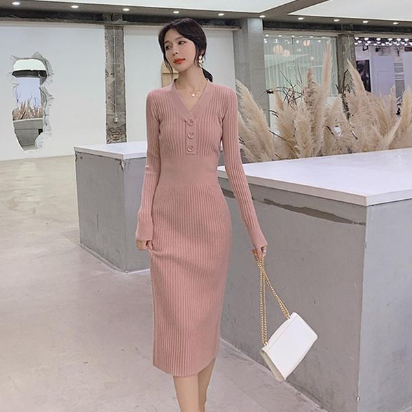

new arrival fashion comfortable winter dress elegant vintage work style slim solid knit elastic v-neck pencil dress, Black;gray