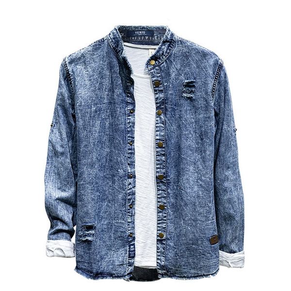 

2021 autumn and winter new retro cotton denim casual long-sleeved fashion shirts for men all-match stand collar shirt mens bco6, White;black