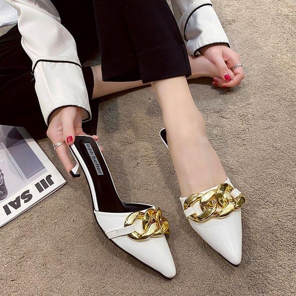 

slippers elegant women summer flip flops sandals pointed solid color metal chain dress shoes pumps thin high heels, Black