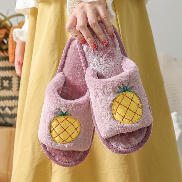 

slippers 2021 women cute cartoon fruit furry house winter plush floor flip flops fashion female home slides faux fur shoes, Black