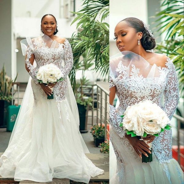 

2021 arabic mermaid wedding dresses bridal gowns jewel neck illusion long sleeves lace appliques plus size african robe de mariee open back, White