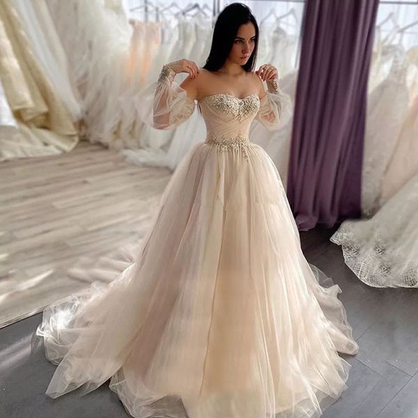 Vestido de noiva Boho 2021 Appliques Sweetheart Lace A-Line Sleeves Puffy Princesa Elegante Vestido de Noiva Vestidos Vestidos