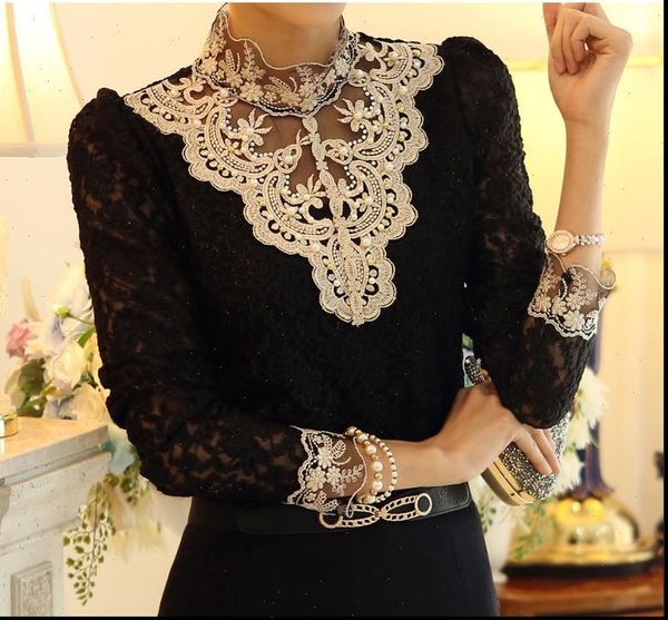 

new women embroidery blouse feminine stand neck long sleeve shirt plus size 3xl blouse, White