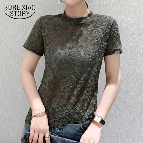 

korean fashion clothing slim short sleeve lace blouse hollow out shirt female vintage summer street wear blusas 9890 210528, White