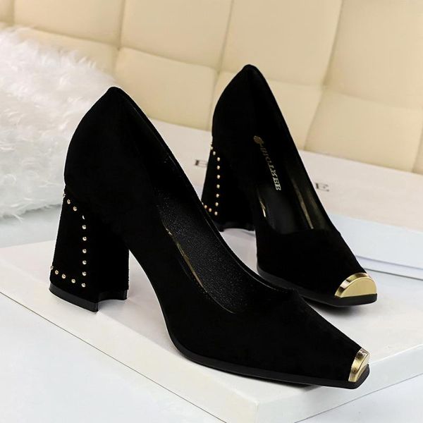 

dress shoes 6862-3 retro fashion nightclub thick heel high shallow suede metal square head rivet single shoe, Black