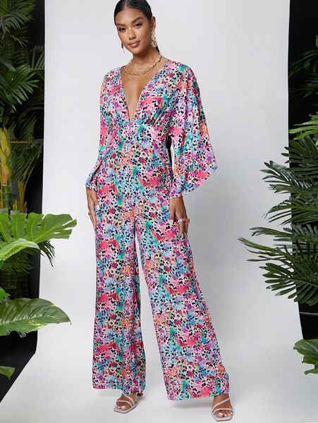 

watercolor speckled print plunging wide-leg jumpsuit j840#, White